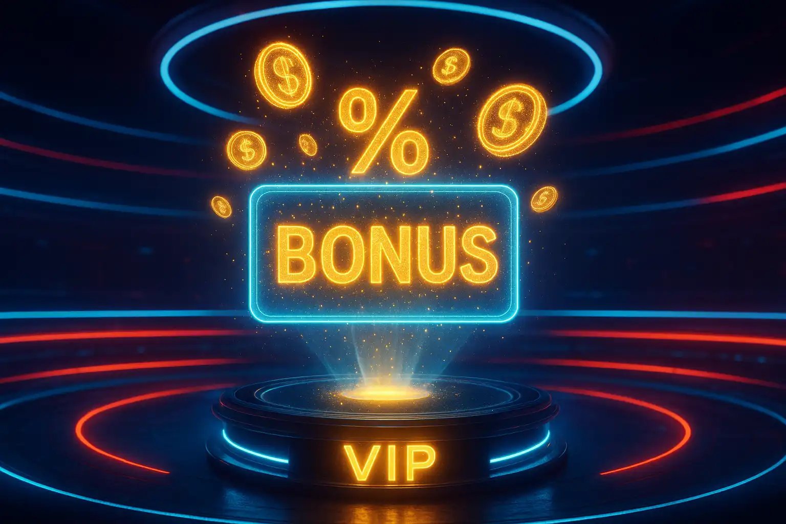 Holographic bonus panel glowing above a BetArenas VIP platform