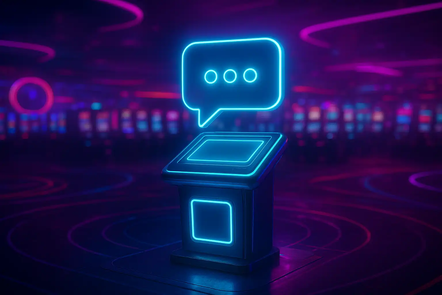 Support desk terminal glowing on the BetArenas arena floor